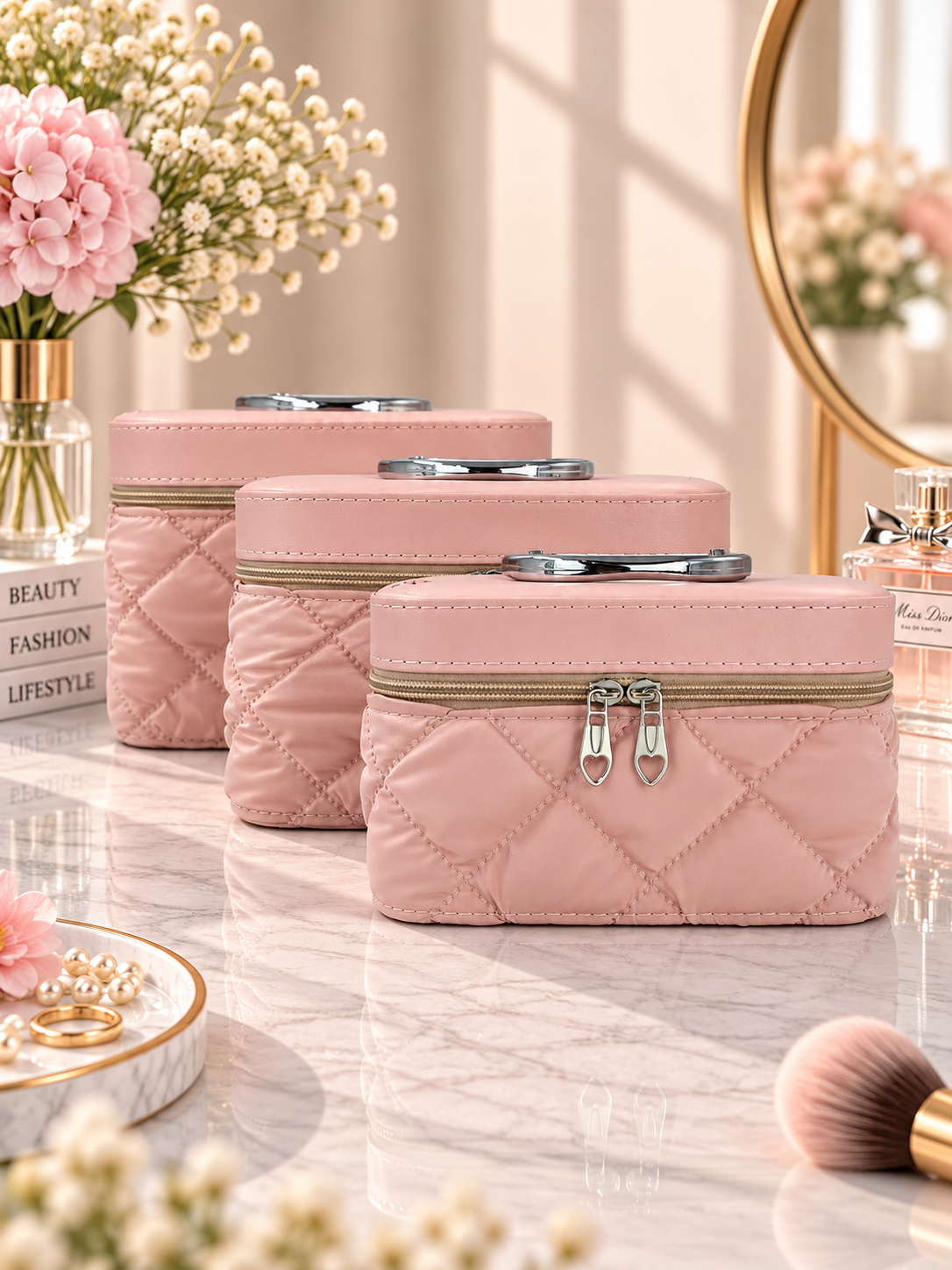 Quilted vanity box set in soft pink with three zippered quilted boxes and metal clasp handles